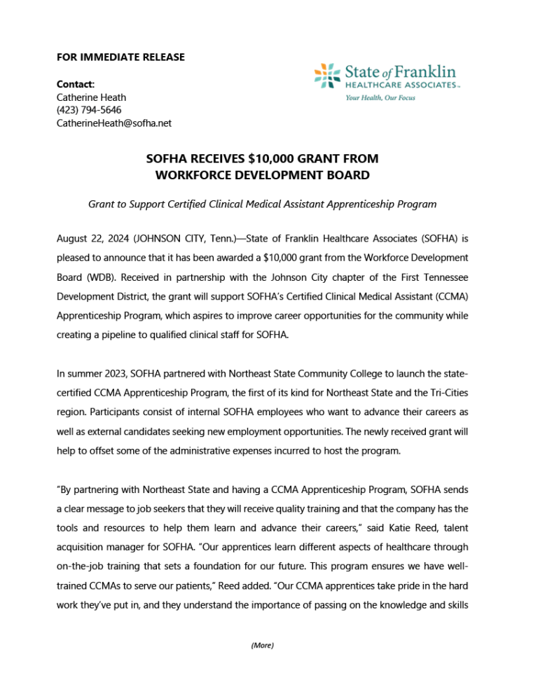 SOFHA Receives $10,000 Grant from Workforce Development Board – SOFHA ...