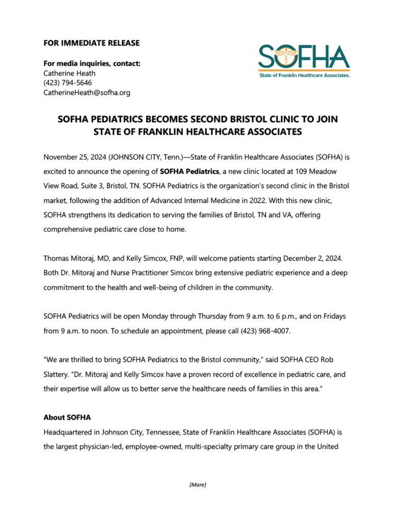 SOFHA Pediatrics Opening December 2 in Bristol – SOFHA | State of ...